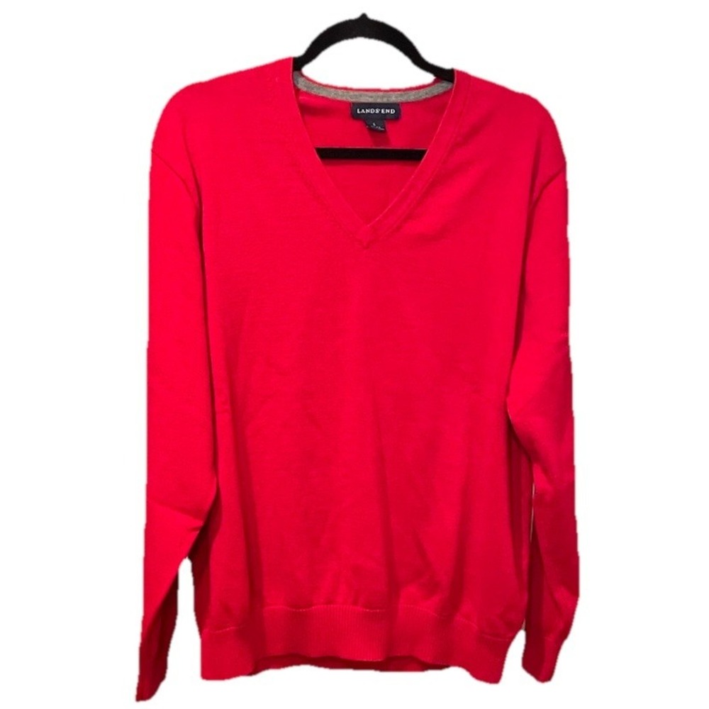 Land's End Men's Red V-Neck Sweater Size Large 42-44 Long Sleeve Classic Look